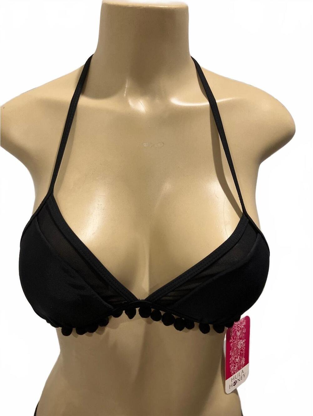 NWT Hula Honey Black Halter Bikini Top with Pom Pom Trim